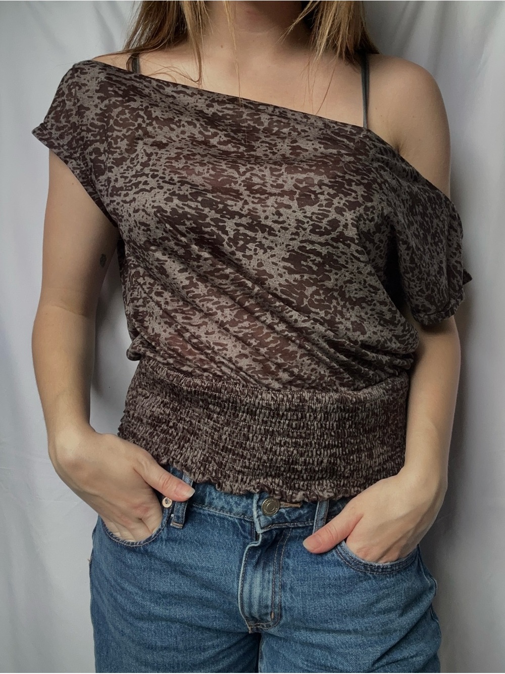 Gilded Intent Grey Cheetah Printed Off-the-Shoulder Smocked Waist Top